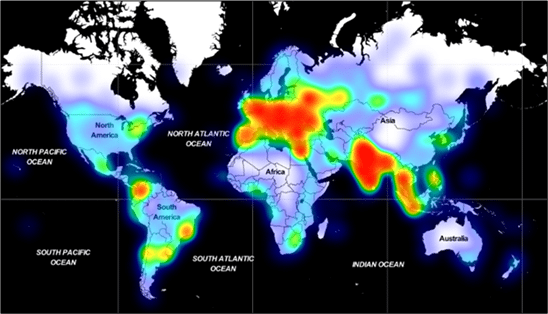 Distribuição geográfica do Adrozek. Regiões em vermelho são as mais afetadas. Imagem: Microsoft